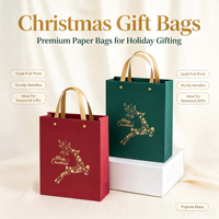 Sac cadeau élégant avec impression à chaud, poignée tressée, réutilisable, thème Noël, emballage cadeau vide