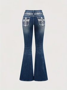 Fashion Women Flare Denim Pants Embroidery Back Pockets Rhinestone Decor All Season Ladies Long <b>Jeans</b> - Product Image 3