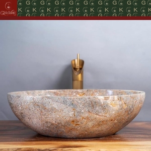 Lavabos de salle de bain en marbre fossile crème GOLDKING, lavabos ovales sur mesure pour salle de bain moderne - Product Image 4