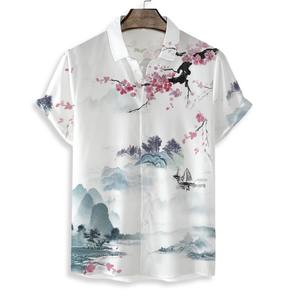 Nouvelle Arrivée Chemises <span class=keywords><strong>Homme</strong></span> Style Vintage Été Imprimé Floral Peinture à l'Encre Boutonnées Manches Courtes pour Hommes - Product Image 1