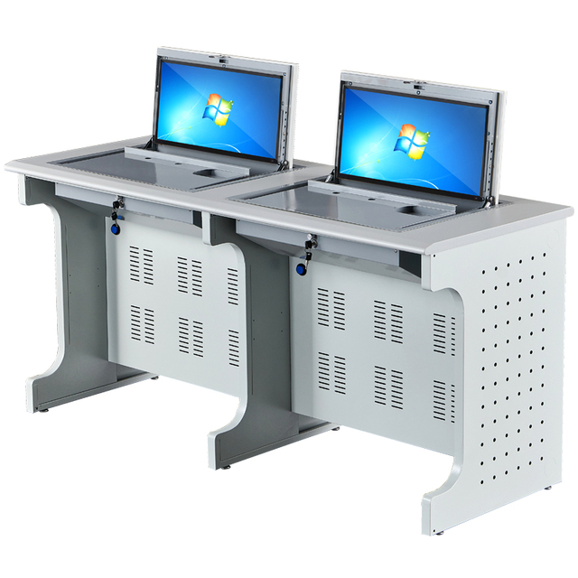 Flip Top Lockable LCD Holder Metal Top Teacher Students Table Revolving Removable Cover Monitor Computer Desk