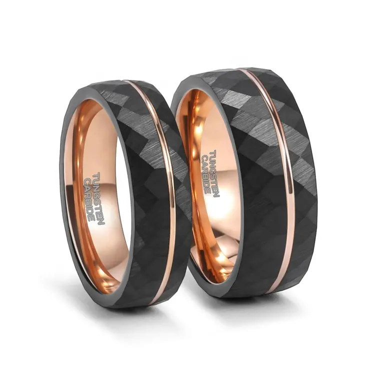 Black Diamond Face gehämmert Roségold Wolfram Ring schwarz Ehering Set