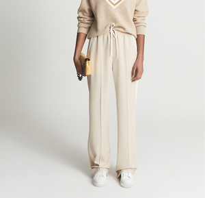 Pantaloni da <span class=keywords><strong>donna</strong></span> personalizzati in cotone <span class=keywords><strong>Beige</strong></span> a maglia Casual e comodi pantaloni da <span class=keywords><strong>donna</strong></span> a righe larghi a vita alta - Product Image 4