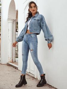 Giacca di jeans Oversize con maniche a sbuffo Ready Made giacca di jeans donna moda lavata all'ingrosso - Product Image 3