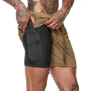 Мужские двухслойные шорты для фитнеса с сетчатой подкладкой и эластичной талией, дышащие быстросохнущие пляжные летние мужские