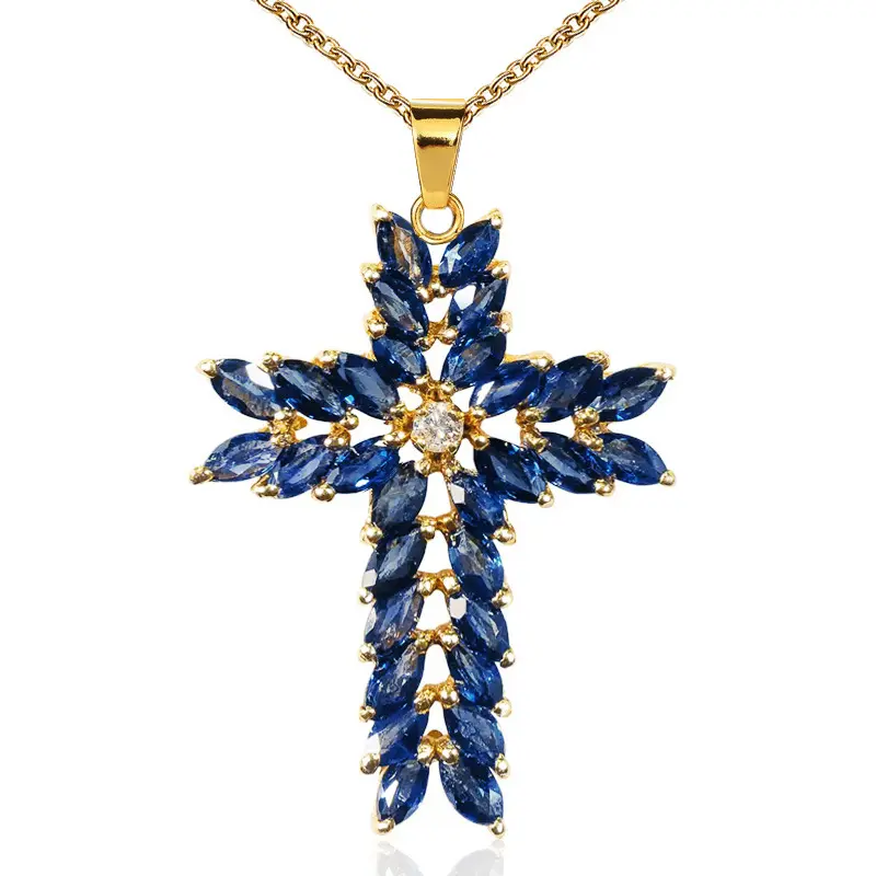 Huitan Beautiful Pendent Necklace Fashion Many Marquis Royal Blue Zircon Full Necklaces Cross Gold Necklace Women