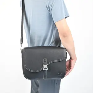 Custom Fashion Black Genuine Real Leather Mens Single Shoulder Cross Body Messenger Bag For Men