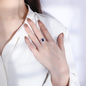 Wholesale Fashion Jewelry Eco-friendly Copper Minimalist Oval Cut 6*8MM Cubic Zirconia Blue Stone Halo <b>Ring</b> for Women Best Gift - Product Image 6