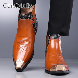 Comfdaily Men Chelsea <b>Boots</b> Ankle Pointed Toe <b>Floral</b> Pattern Genuine Leather Rubber Outsole Fashion Trend - Product Image 2