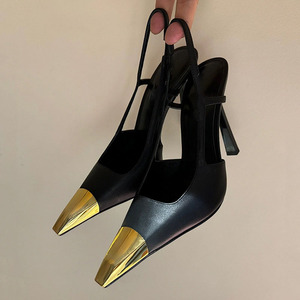 Sandalias de tacón alto de aguja con punta cuadrada dorada de metal para mujer, talla grande 44, con correa trasera y diseño slingback, zapatos de charol. - Product Image 5