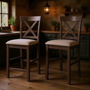 Cross <b>Back</b> <b>Counter</b> Height Bar <b>Stools</b> Set Of 2 Wood Frame Fabric Seat Rustic Design - Product Image 2