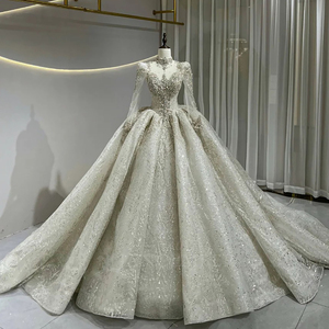 Robe de mariée princesse JFH07 à col montant, avec appliques florales en cristal et pompons, traîne chapelle, style moderne bouffant pour filles - Product Image 1
