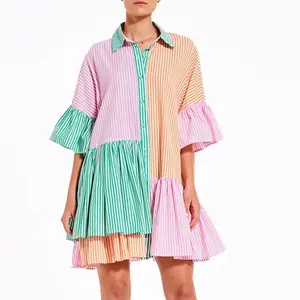 Oem Fty Meisjes Oversized Casual Linnen Midi-Shirt Jurken Chic Gestreepte Max Jurk Jurk Chemise Pur Katoenen Jurk Vrouwen