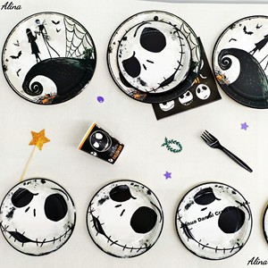 DAMAI Happy Halloween <b>Black</b> Skull Party Supplies Trending Disposable <b>Plates</b> Tableware Paper Napkins Cups <b>Plates</b> - Product Image 3