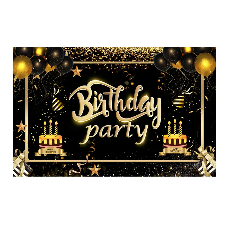 खुश जन्मदिन की पार्टी पृष्ठभूमि काले और सोने की चमक Bokeh सेक्विन स्पॉट फोटोग्राफी पृष्ठभूमि बैनर केक टेबल सजावट