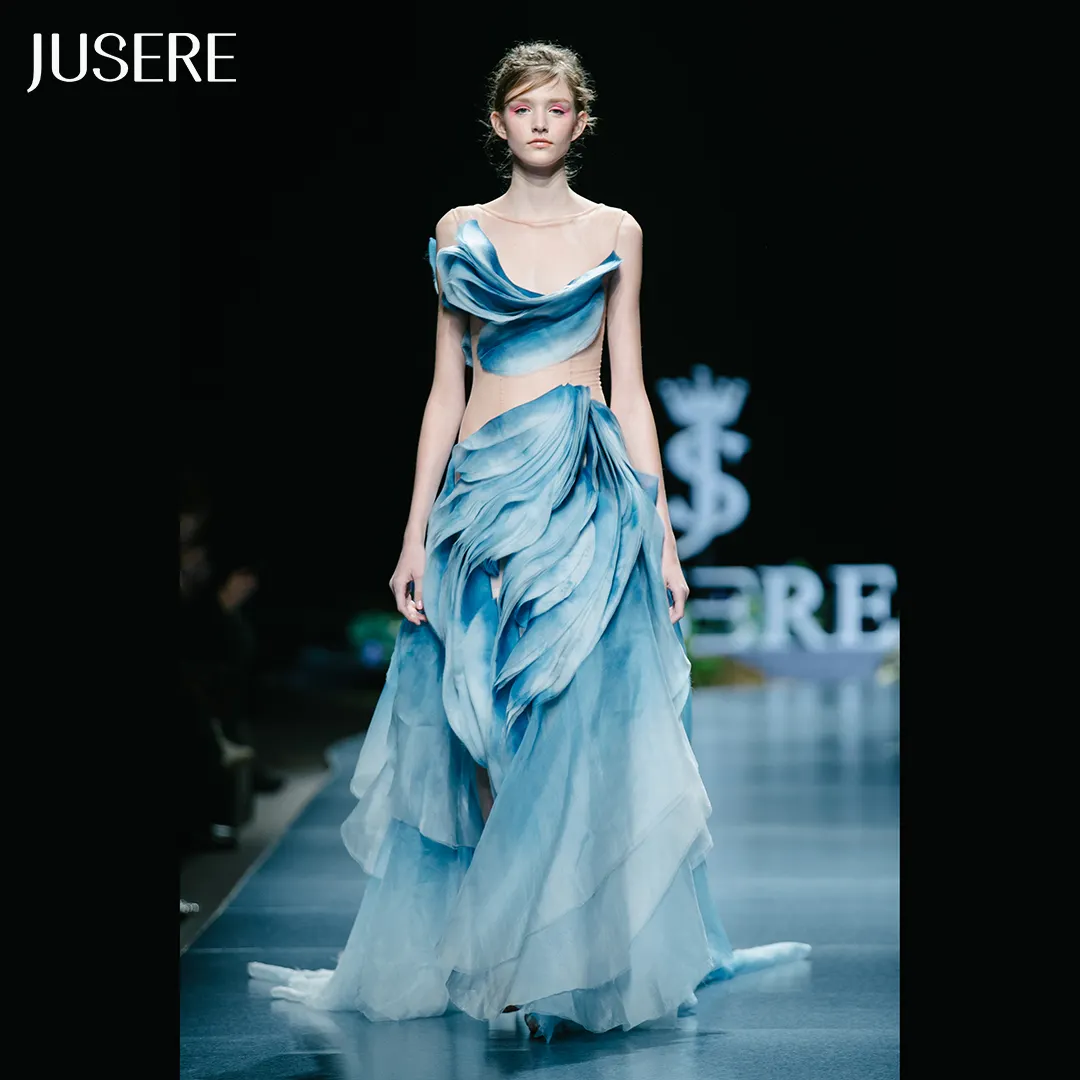 JUSERE फैशन शो नीले अलाइन शाम पोशाक के माध्यम से देखें बिना आस्तीन मंजिल लंबाई औपचारिक गाउन Vestido डे festa लोंगों
