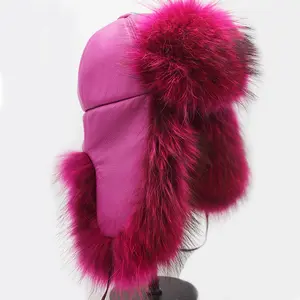 Rose/ Pink color Leather Shell Raccoon Fur Hats with Fur Balls Fur Aviator Hats for Women
