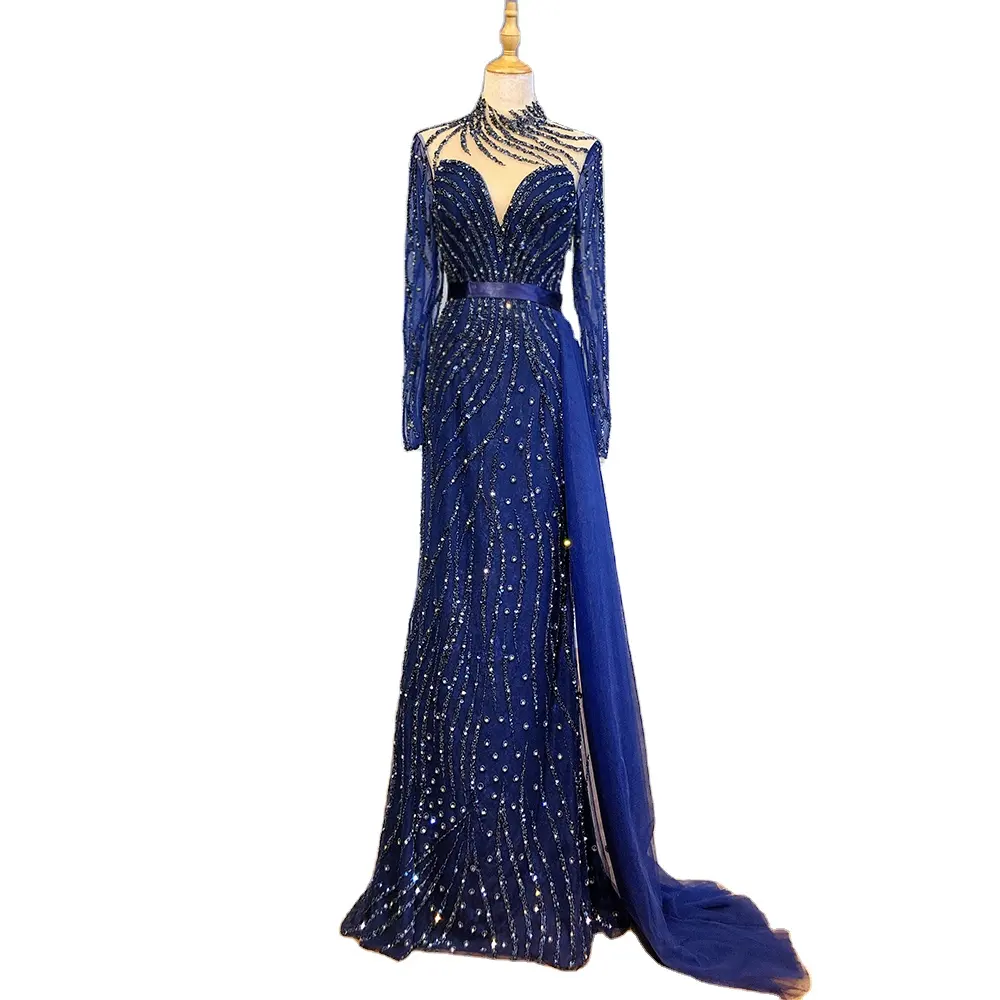 Темно-синие вечерние длинные платья русалки, новинка 2022, трендовые вечерние платья Serene Hill LA71359 с бусинами и длинными рукавами