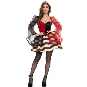 Vestido listrado fantasia para Halloween, fantasia de coração vermelho para mulheres, vestido de rainha com coroa, novidade de 2024