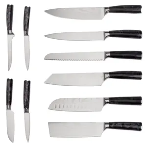 سكين مطبخ مزين يدويًا بشفرة فولاذية دمشقية مصقولة 10 قطع جديد كلاسيكي ألماني مجموعة سكاكين دمشقية