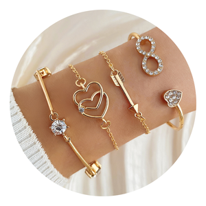 Thanh Lịch 18K Vàng Mạ Chuỗi Vòng Đeo Tay <span class=keywords><strong>Bangle</strong></span> <span class=keywords><strong>Set</strong></span> Cho Phụ Nữ Trái Tim Số <span class=keywords><strong>8</strong></span> Mũi Tên Vòng Đeo Tay Với Rhinestone - Product Image 1