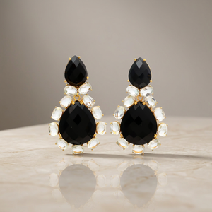 NEW ARRIVAL BLACK ONYX CRYSTAL QUARTZ <b>Huggie</b> Earrings Trendy Brass 20*24/12*16/7*5mm PEAR OVAL Shape <b>Gold</b> Plated - Product Image 4