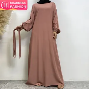 6673# New arrival slim sleeves elastic cuff plain color closed abaya muslim women modest slip dress with side pockets