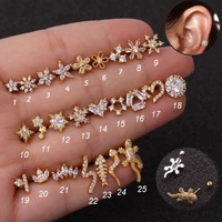Vente en gros de bijoux pour le cartilage, boucles d'oreilles de piercing, en forme de fleur, avec CZ transparent, PVD, couleur lobe, plantes, animaux, hélice, conque, rook, tragus