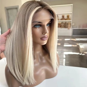Perruque BOB Courte en Cheveux Humains Vierges de Haute Qualité, Blond Platine Raides avec Racines Foncées, Balayage Brun, Cheveux de Bébé, Perruque Lace BOB - Product Image 1