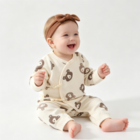 Barboteuse nouée pour bébé en pur coton à manches longues, imprimé ours mignon, avec fermeture à boutons-pression à l'entrejambe, combinaison pour nourrisson, vêtement de détente pour bébé