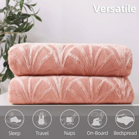 Couverture en laine tissée légère |   Couvre-lit en velours doux, couverture moelleuse en fourrure, motif feuille de palmier, couverture décorative vintage