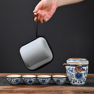 Juego de té de cerámica azul y blanco para viaje con tapa, una tetera, tres tazas, portátil, para acampar al aire libre, juego de utensilios de regalo. - Product Image 3