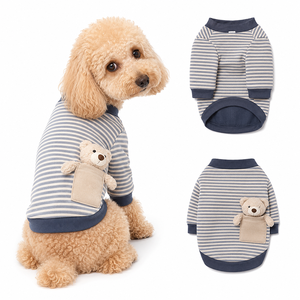 Cotton Striped Dog Sweater Long Sleeve Pocket Bear Doll Decor Curved Hem Cute Casual Autumn Winter Pet Clothes For Small Medium - Product Image 1