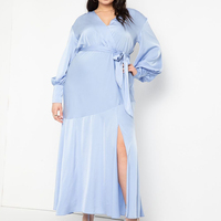 Robe longue en satin bleu clair pour femmes grandes tailles, élégante, col en V, manches longues, effet soie, robe de soirée avec fente haute