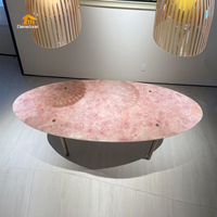 Table à manger ovale personnalisée en cristal rose avec 6 sièges, plateau en quartz rose naturel, meubles