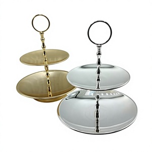 Soporte para pasteles de metal de alta calidad con acabado plateado y dorado, vajilla de exhibición, soporte para pasteles de 2 niveles, muy vendido, para decoración de fiestas. - Product Image 1