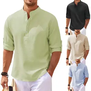 Yüksek kaliteli erkek yaz keten pamuklu gömlek düzenli Fit uzun kollu gevşek rahat tarzı erkekler için