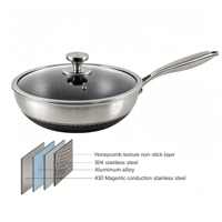 Poêle à frire en acier inoxydable triple couche avec couvercle en verre trempé, chauffe uniforme, compatible induction et gaz, poêle wok antiadhésive