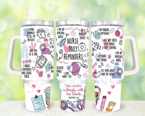Vaso IND de dibujos animados personalizado con aislamiento portátil del Día DE LAS Enfermeras de estilo americano de 40oz con mango y pajita - Product Image 2