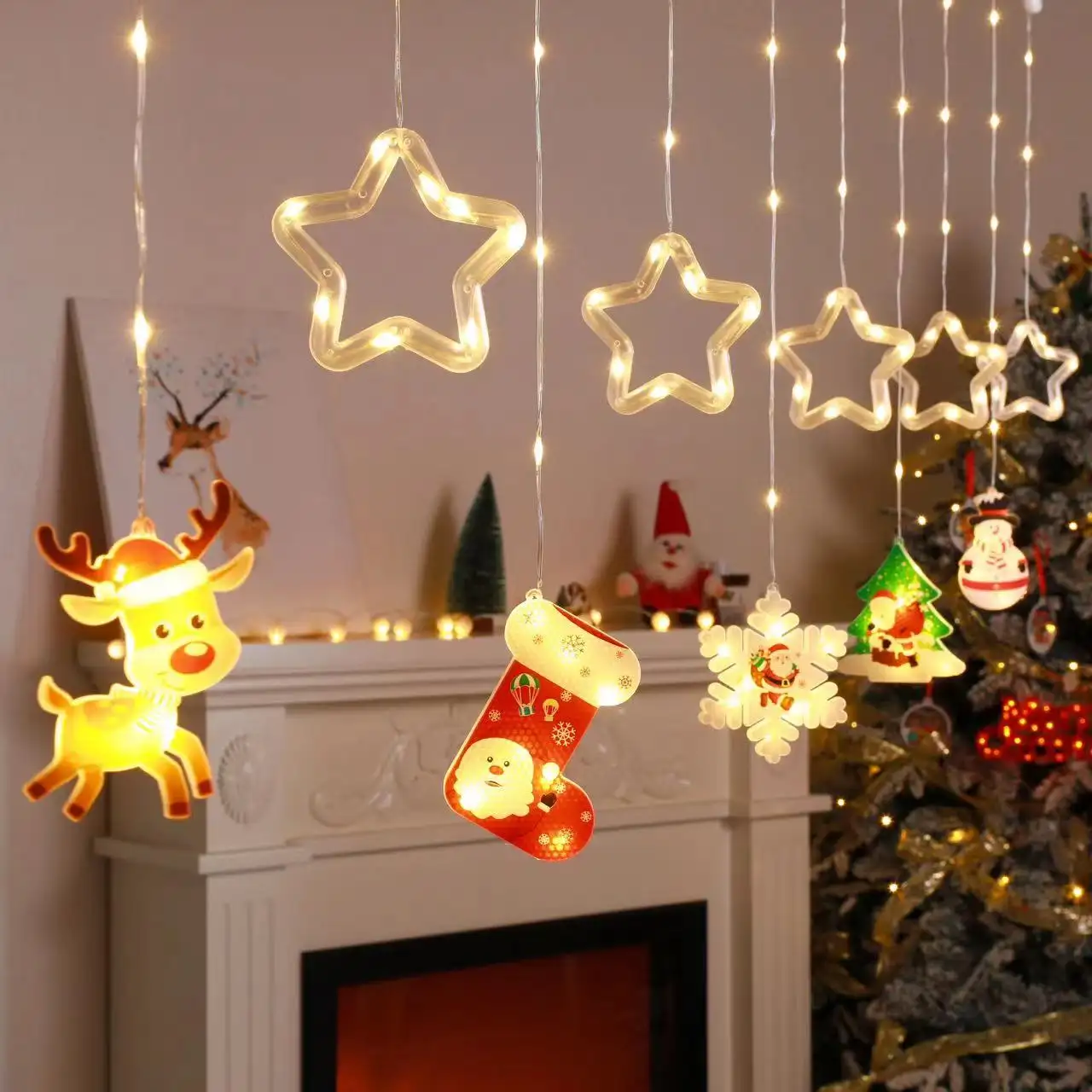 2023 Tiktok Stock Christmas Pentacle Curtain Outdoor Decoration String Lights Led Star Icicle Snowman Santa Claus Lights