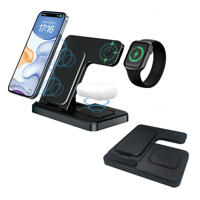 3 1 Charging Station Stand PD 10W Foldable Wireless Charging for Multiple Devices-Compatible for iPhone 15 Watch 9 SE Earphones