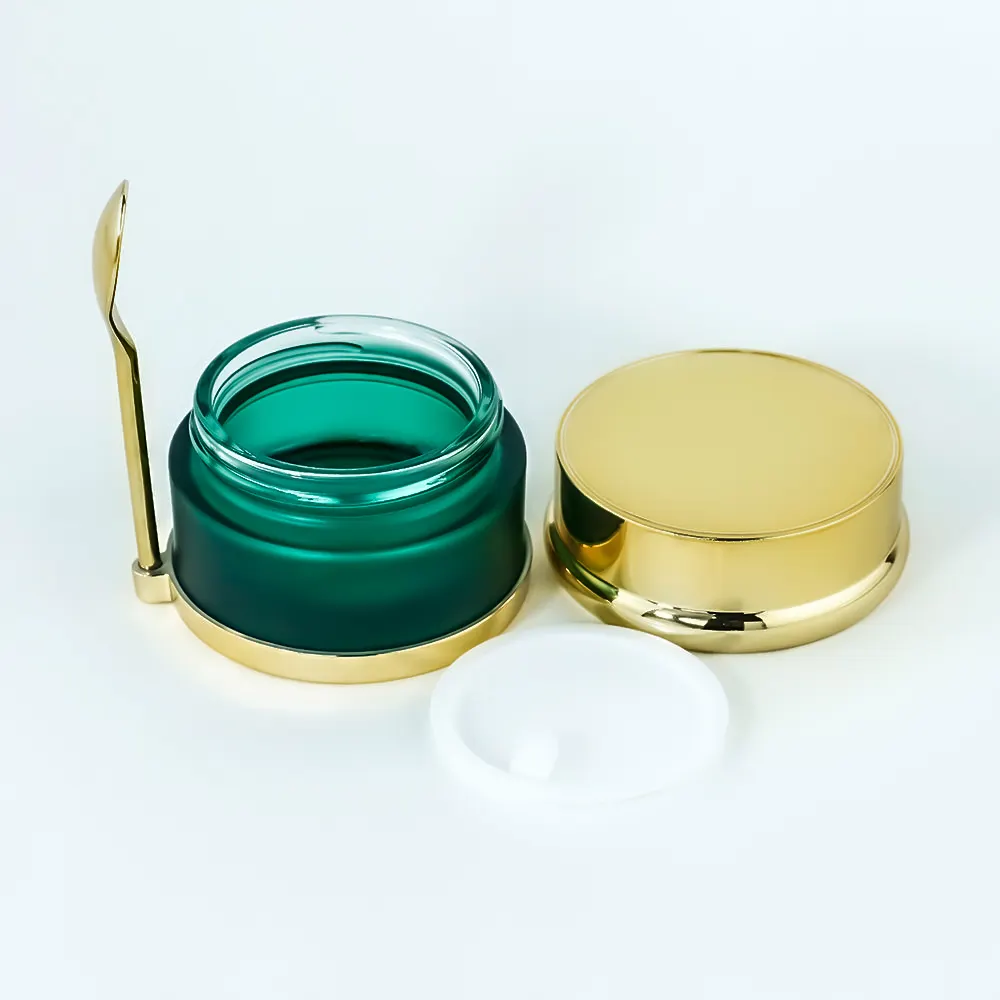 High Quality Luxury Dark Green Hot Stamping 30ml 50ml Moisturize Cream Glass Jar WIth Metal Spoon And Cap