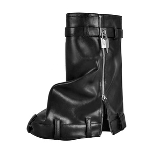 Brand New Thick Sole Women's Short Boots Denim Metal Lock Overlay Silver Ankle Booties <b>Round</b> <b>Toe</b> Flat Bottom Wedge <b>Heels</b> Shoes - Product Image 2