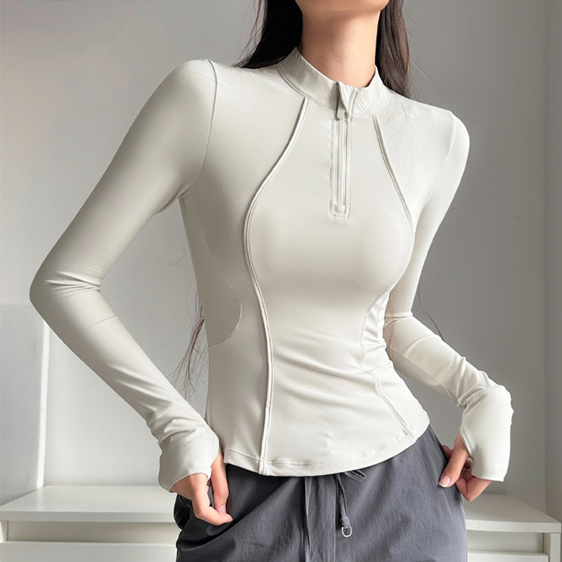 Women's Long-Sleeved Yoga Top Half-Zipper Slimming Quick-Dry Training Fitness Clothing for Spring Autumn Tight Waist Front