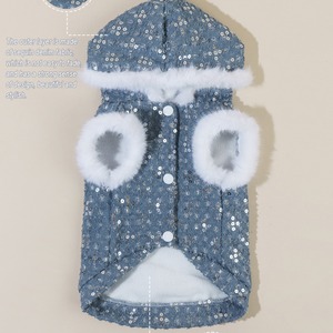Pet Denim <b>Sequin</b> Hooded <b>Jacket</b> Navy Blue Winter Autumn Warm Coat Fleece Lined Dog Clothing - Product Image 1