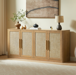 Modern Rattan 4-Door Buffet Cabinet Large <b>Sideboard</b> & Credenza for Living Room Dining Hotel Use - Product Image 1