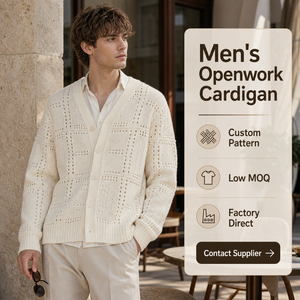 Cárdigan de punto calado blanco personalizado para hombre, cuello en V, jacquard geométrico, estilo coreano, suéter ligero OEM ODM - Product Image 1