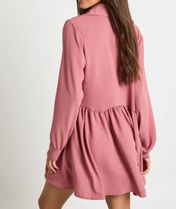 Women's Shirt <strong>Dress</strong>, Long Sleeve Lapel Mini Skirt, Casual Loose Fit with Pleats, Soft and Flowy Fabric - Product Image 4