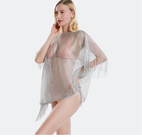 Doorzichtige mesh gebreide strandtuniek met franjes aan de zoom, bikini-cover-up, losse zonwerende top voor zomervakantie, sjaal