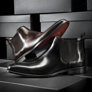 Bottes Chelsea en cuir véritable noir à bout pointu, chaussures habillées pour hommes, à enfiler, pour le bureau et la carrière, toutes saisons, semelle extérieure en caoutchouc - Product Image 1